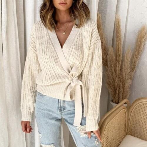 Zoki Women Knitted Cardigans Sweater Autumn Casual Belt Long Sleeve Loose Jacket V Neck Fashion Bandage Ladies Solid Sweater
