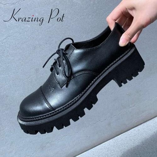 Krazing pot genuine leather round toe med heel high quality brand shoes young lady streetwear cross-tied basic women pumps L61