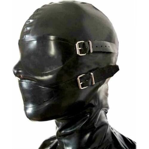 Handmade Black Latex Costumes Fetish Hood Bondage Mask with Detachable Eyes Cover and Mouths Teeth