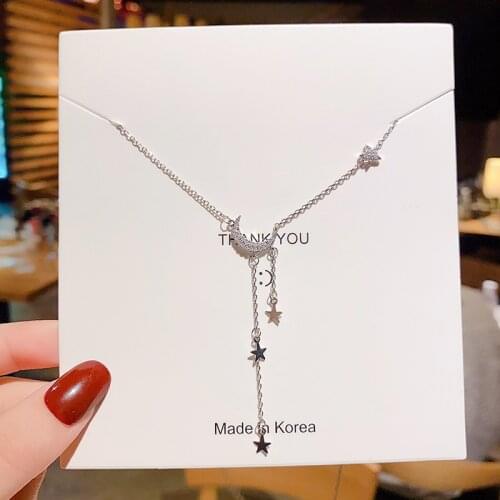 Titanium Steel Micro Rhinestone Moon Necklace Tassel Clavicle Chain Female Simple Curved Moon Pendant Necklace