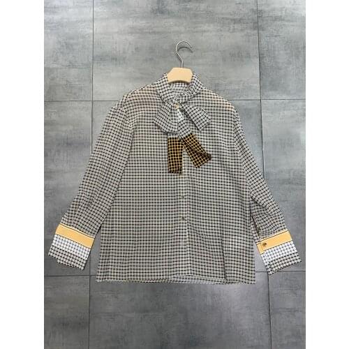 Fashion ladies 2021 new long-sleeved sexy casual bow tie check silk shirt 0308