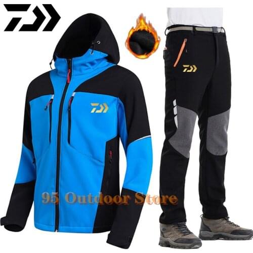 Daiwa Men Waterproof Softshell Fleece Jackets and Pant Outdoor Trekking Camping Hiking Sets Winter Windproof Climb Fishing Suits