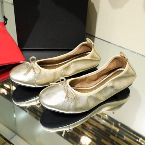 Ballet Shoes Women Genuine Leather Round Toe Shallow Slip-On Flat Shoes Casual Loafers Bow Soft Bottom Lady Footwear Large Size
