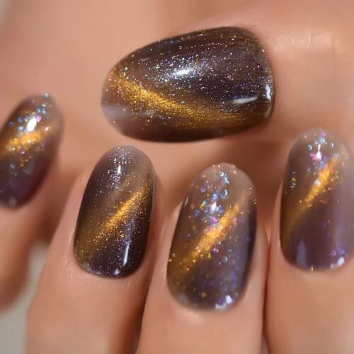 24pcs Sparklely Sky Bling Cat Eye False Nail Tips Acrylic Salon Full Cover Artificial Press On Oval Fake Nails With Glue Sticker