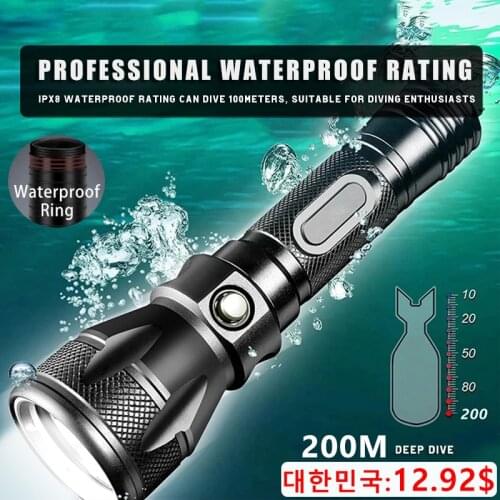 New Scuba Diving Flashlight 200M Waterproof Underwater Torch Bright LED Submarine Safety Light for Underwater Activities 3000LM