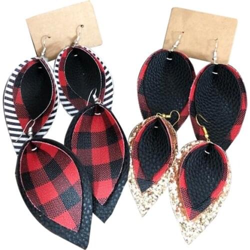 New Doubles Buffalo Plaid Glitter Striped Printed Leather Teardrop Earrings Large Layered Leaf Earrings Valentines Day Gifts