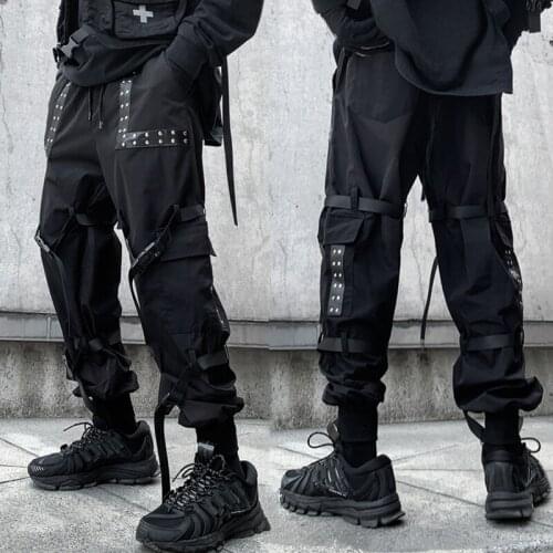 New Mens Hip Hop Cargo Pants Ribbons Elastic Waist 2021 Joggers Sweatpants Male Black Streetwear Fashion Men Casual Trousers