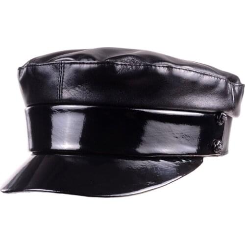 New Womens Real leather Patent Leather Shiny Black Beret Newsboy Militry Army/Navy caps/hats