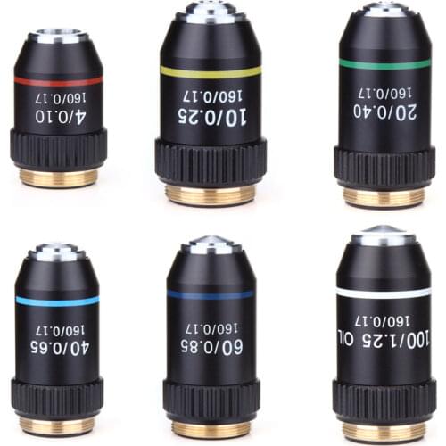 Biological Microscope Lens 195 Achromatic Objective Lens 4X 10X 20X 40X 60X 100X(oil) Sliver Black Shell Optional