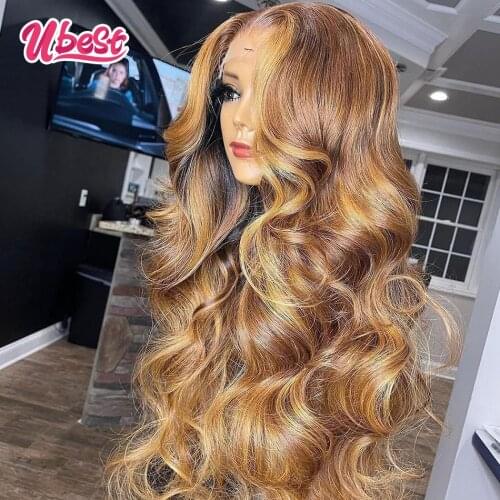 Ubest Highlights Blonde Lace Front Wig Peruvian Body Wave Colored Human Hair Wigs Pre Plucked Transparent Lace Wigs for Women