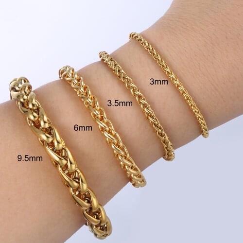3 4 6 8 10 mm Wide Bracelets For Women Men Unisex Braided Wheat Link Chain Bracelet Gold Color Stainless Steel Jewelry KB501