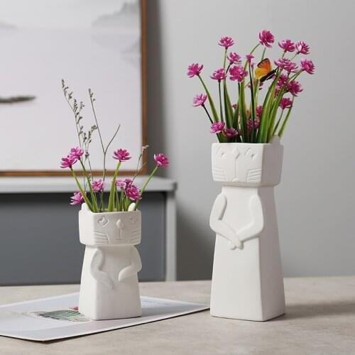 Nordic Cat Flower Vase Creative Handmade White Ceramic Hydroponic Plant Pot Home Decoration Kawaii Arrangement Table Centerpiece