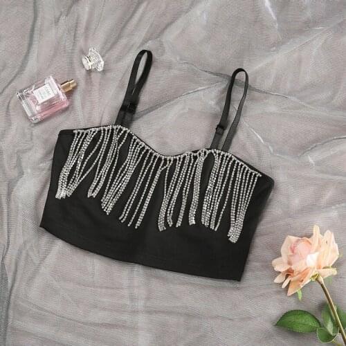 2021 Summer Off Shoulder V Neck Diamond Tassel Patchwork Tops Party Night Club Shiny Crop Glitter Bustier Top Black Tank Tops
