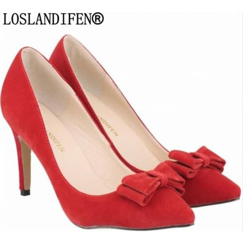 Women pumps flock high heels women shoes Butterfly knot Pointed Toe 8CM Thin Heels valentine designer shoes women luxury