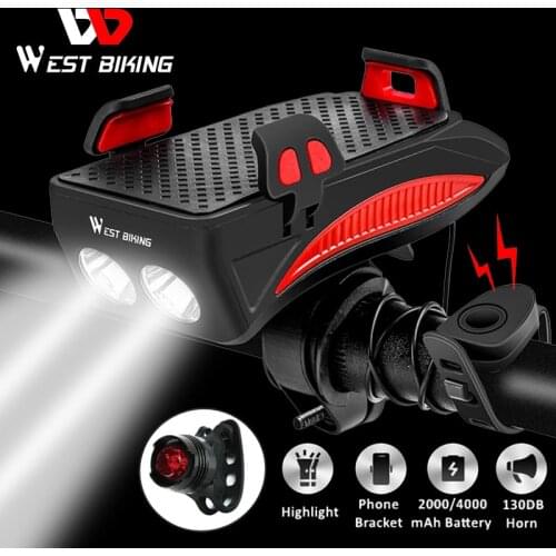 WEST BIKING 4 In 1 Bicycle Light Flashlight Bike Horn Alarm Bell Phone Holder Power Bank Bike Accessories Cycling Front Lamp MTB
