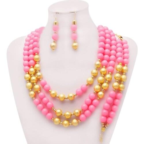 Yulaili Gold Pink Beaded Necklaces Earrings Bracelet Bridal Jewellery Nigerian Wedding African Beads Jewelry Sets Wholesale