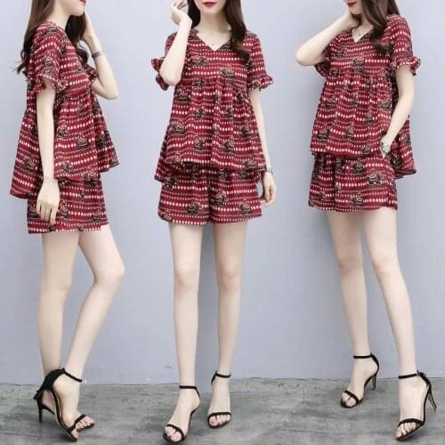 Tracksuit Women 2021 Printed Short Sleeve Top + High Waist Wide Leg Shorts Suit Plus Size Two Piece Set Top and Pants Suits Y262