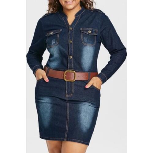 Plus Size 5XL Fitted Denim Jean Dress With Belt Women Sheath Stand Collar Long Sleeves Dresses Vestidos Causal Dress