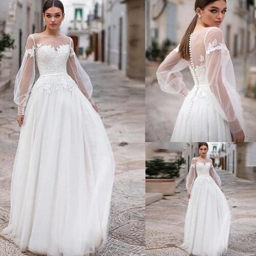 Boho Wedding Dresses Puff Sheer Long Sleeves 2020 Appliques Bridal Gowns Button Backless Floor Length Vestido De Noiva for Bride