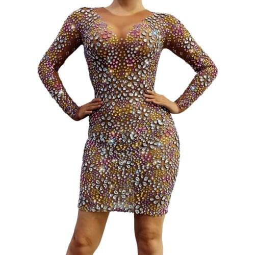 Sparkly Multi-color Rhinestones Transparent Mesh Dress Evening Birthday Celebrate Dance Outfit Party Sexy See Though Dress