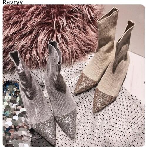 Elastic Knitting Womens short boots pointed toe twinkling female ankle boots thin heel autumn winter fashion party dress shoes