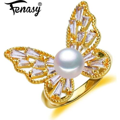 FENASY Natural Freshwater Pearl Rings For Women Luxury Adjustable Gold Color Butterfly Ring Female Party Wedding Jewelry