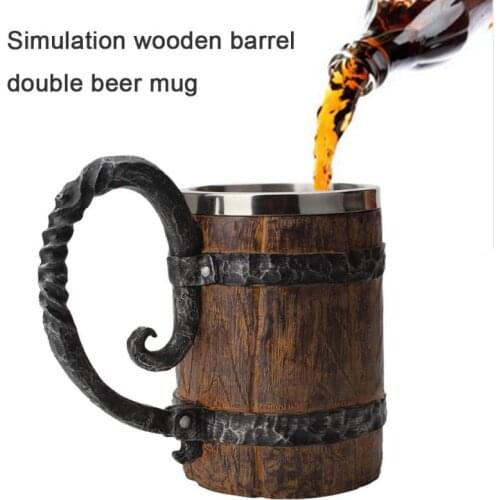 Simulation Crude Wood Beer Mug Stainless Steel Resin 3D Beer Goblet Double Wall Insulated Wine Mugs Tea Coffee Cup Bar Decor