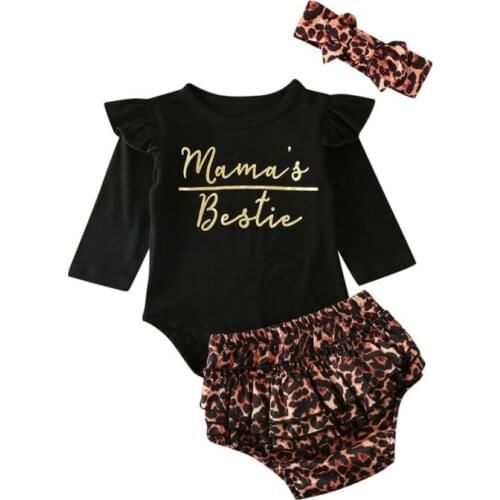 0-24M Newborn Infant Baby Girl Long Sleeve Clothes Jumpsuit Letter Bodysuit +Leopa PP Shorts 3pcs Outfits