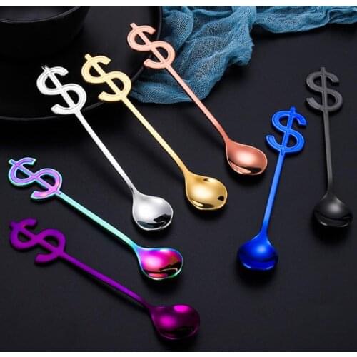 Colorful Dollar Spoons $ Sign Handle Spoon Food Grade 304 Stainless Steel Tea Coffee Spoon Ice Cream Drinking Tools SN2034