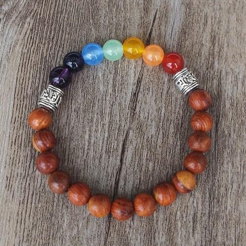 Handmade DIY Buddha Mantra 8MM Wooden Beads 7 Chakra Bracelet Women Men Yoga Healing Reiki Mala Seven Chakra Bracelet Red Brown