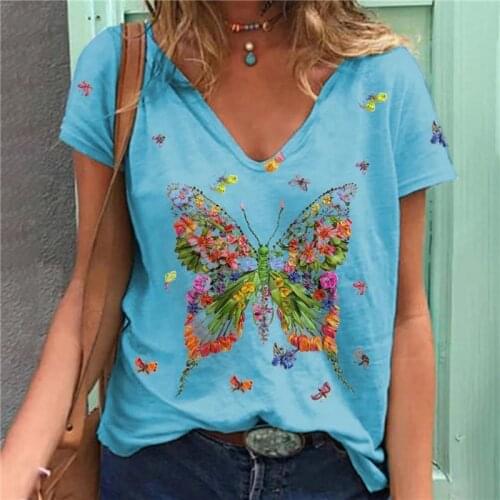 New Butterflies Printed T-shirt Ladies Short-sleeved V-neck Casual Clothes Womens Fashion Clothing Female Graphic T Shirts Tops
