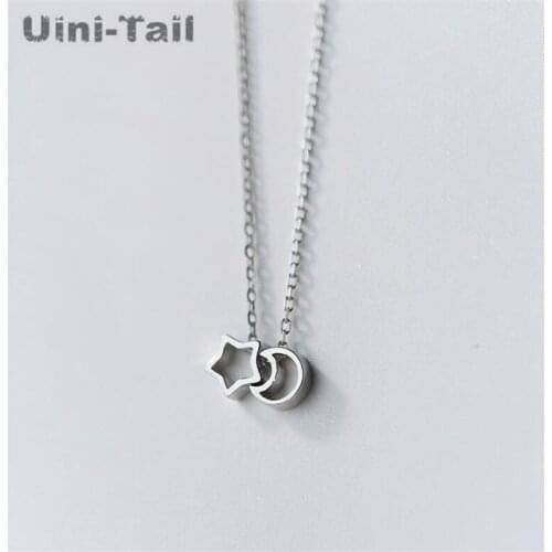 Uini-Tail new hot 925 sterling silver geometric hollow five-pointed star moon necklace Korea simple fresh clavicle chain GN575