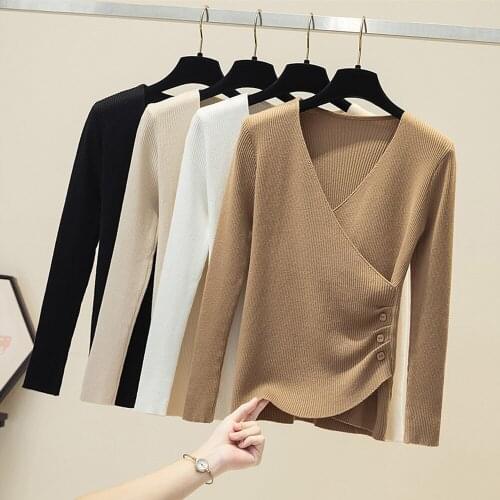 2021 Autumn New V-Neck Sweater Pullover Women Casual Knitted Sweater Slim Long Sleeve Badycon Female Tops