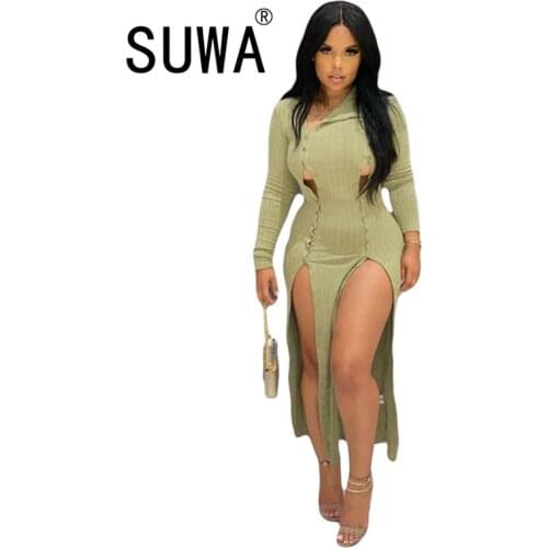 Double High Split Autumn Ribbed Slim Dresses Women Double Breasted Long Sleeve Bodycon Dress Elegant Light Green Partywear Dress