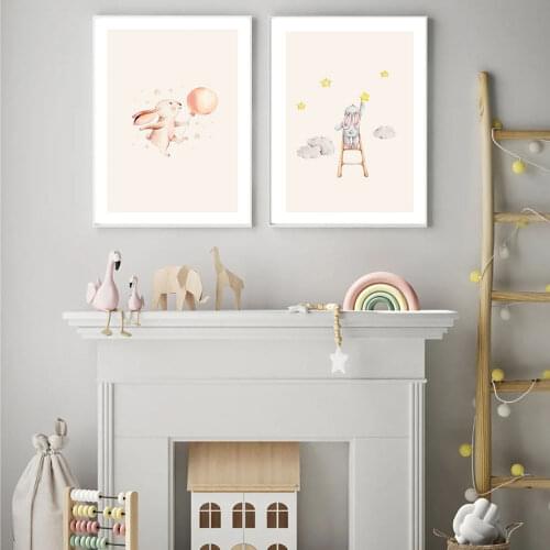 Bunny Picking Star Montessori Poster Balloon Canvas Painting Nursery Art Print Modern Baby Wall Picture For Kids Room Home Decor