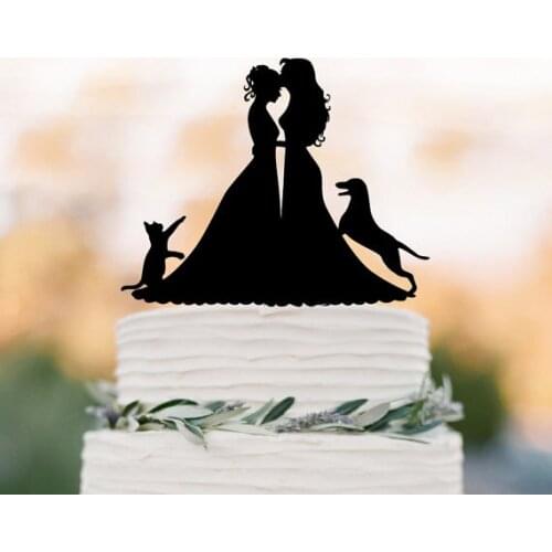 Lesbian wedding cake topper with cat. same sex wedding Cake Topper with dog, silhouette cake topper, mrs and mrs wedding cake