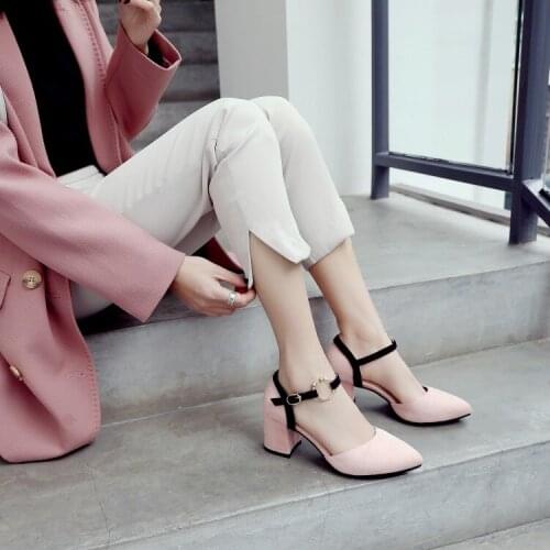 Big Size Ladies high heels women shoes woman pumps One-word buckle Rough-heeled single shoes