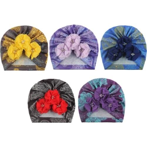 17*18 CM Vintage Flowers Pattern Infant Hats Hand Sewn Beads Floral Baby Caps Soft Polyester Cotton Bonnet Holiday Decoration