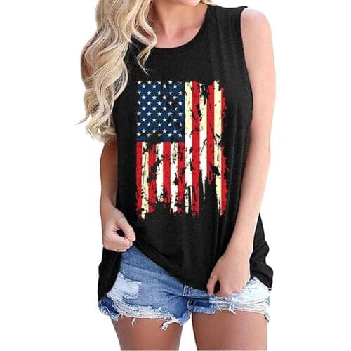 Women Casual Blouse T-shirt O Neck Sleeveless American Flag Print Cotton Top 2020