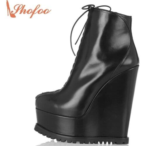 Shofoo Luxury Womens Brands Women Winter Ladies Shoes Black Wedges Ankle Boots Woman 2021 Dress Party Evening Large Size 4-16