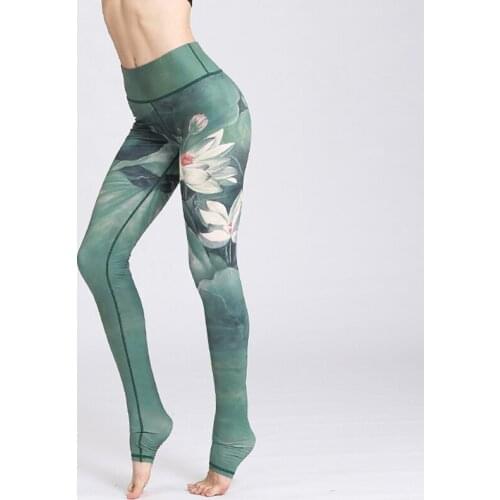SALSPOR Printed Leggings Women Mid Waist Skinny Ink Flower Workout Jeggings Female Elastic Force Fitness Legging Casual Pants