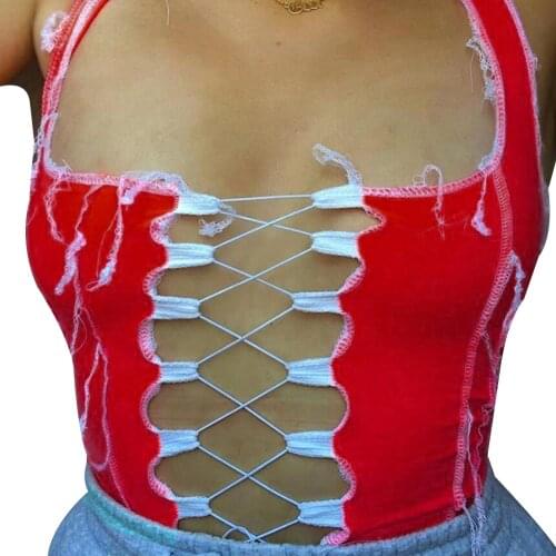 NEW 2021 Sexy Hollow Out Camisole Women Punk Style Ribbed Knitting Crop Tops Club Party Contrast Color Tank Top Bandage Vest