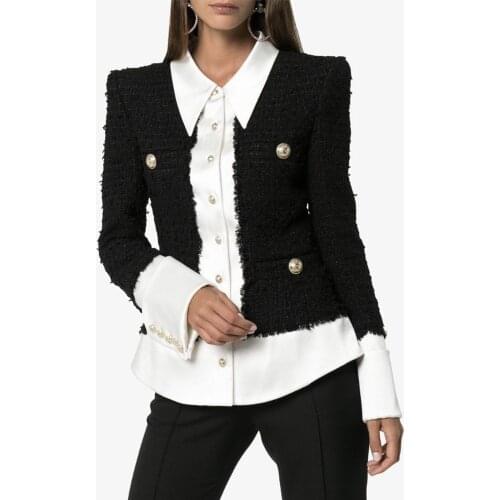 NEW Design Female Coat Satin Collar Woolen Stitching Double Breasted Ladies Black Autumn Winter Women Shirt Jacket Coat 2019 New