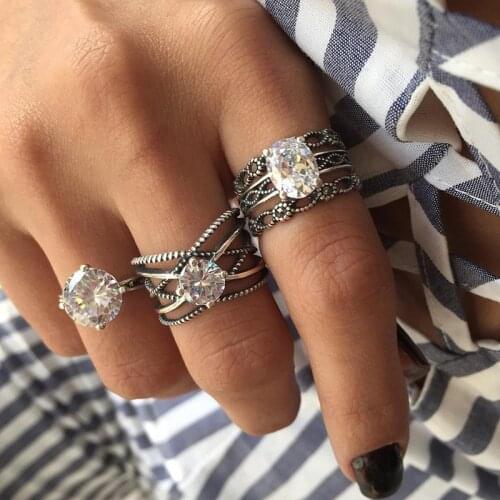 3 PCS Women Fashion Hollow Carved Zircon Rings Trendy Knuckle Ring