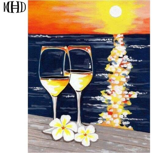 New Hot & Full Square Diamond Embroidery Sunset Sea 5d diy Diamond Painting Wine Glass 3D Rhinestone Diamond Cross Stitch Gift