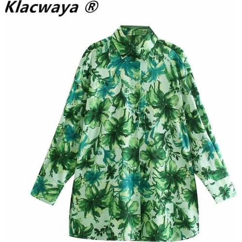 Klacwaya Women 2021 Tropical Green Leaves Print Smock Blouse Office Lady Long Sleeve Casual Loose Shirt Chic Chemise Blusas Top