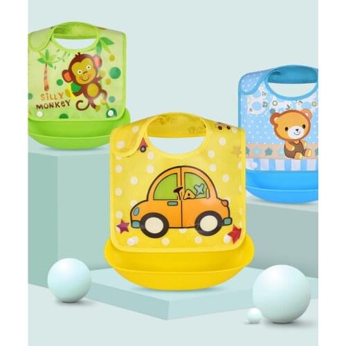 Cartoon printed baby safety bibs for boys and girls bibs waterproof soft silicone bibs for children with pocket bibs