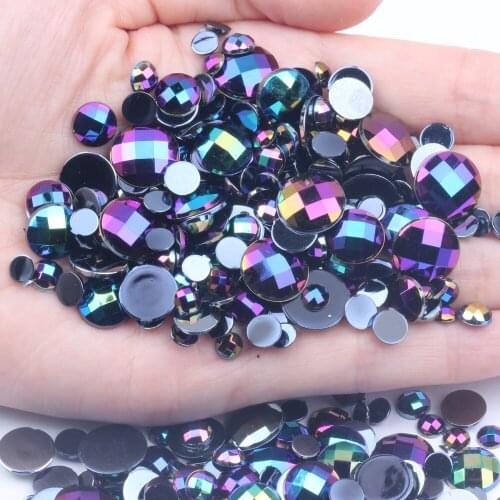Acrylic Rhinestones Round Earth Facets Black AB Many Size Available Flatback Glue On Beads DIY Jewelry Making Decorations