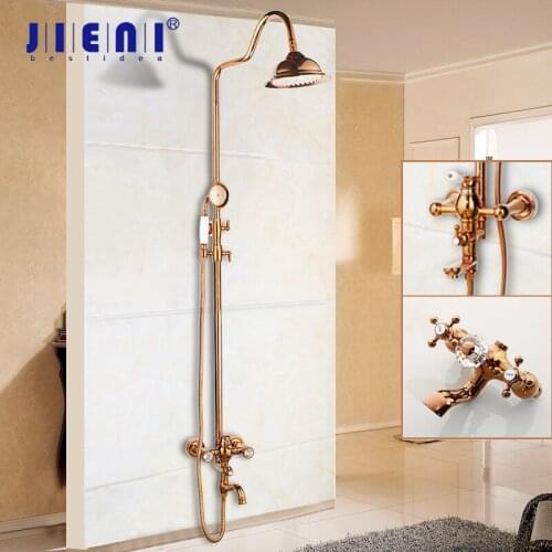 JIENI Rose Gold Polish Solid Brass Bathroom Bathtub Shower Set Rainfall Shower Head Crystal Dual Handles Shower Faucet Mixer Tap