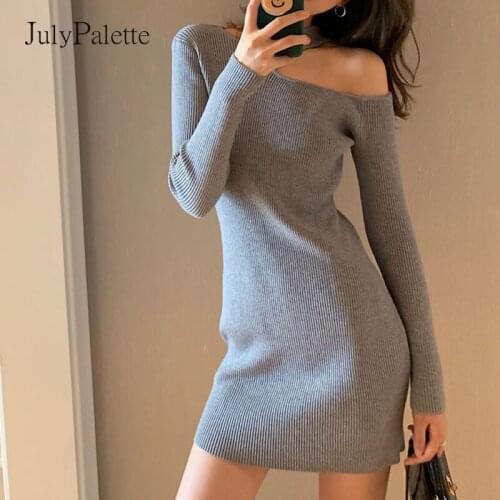 Julypalette Autumn Winter Women Knitted Sweater Dress 2021 New Sexy Long Sleeve Hollow Out Short Dress Bodycon Ladies Dress